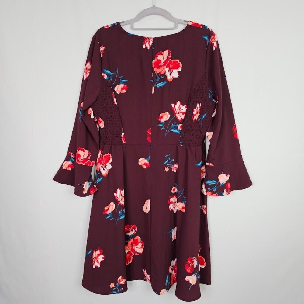OLD NAVY Fit & Flare Dress size L Long Flute Sleeves BURGUNDY RED Floral Cute! - Picture 7 of 11